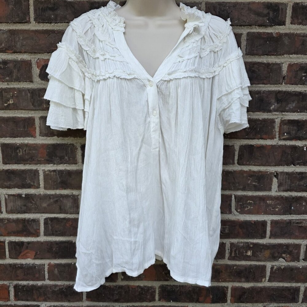 Maeve Size M White Short-Sleeve Ruffle Yoke Blouse Shirt Top Sz M